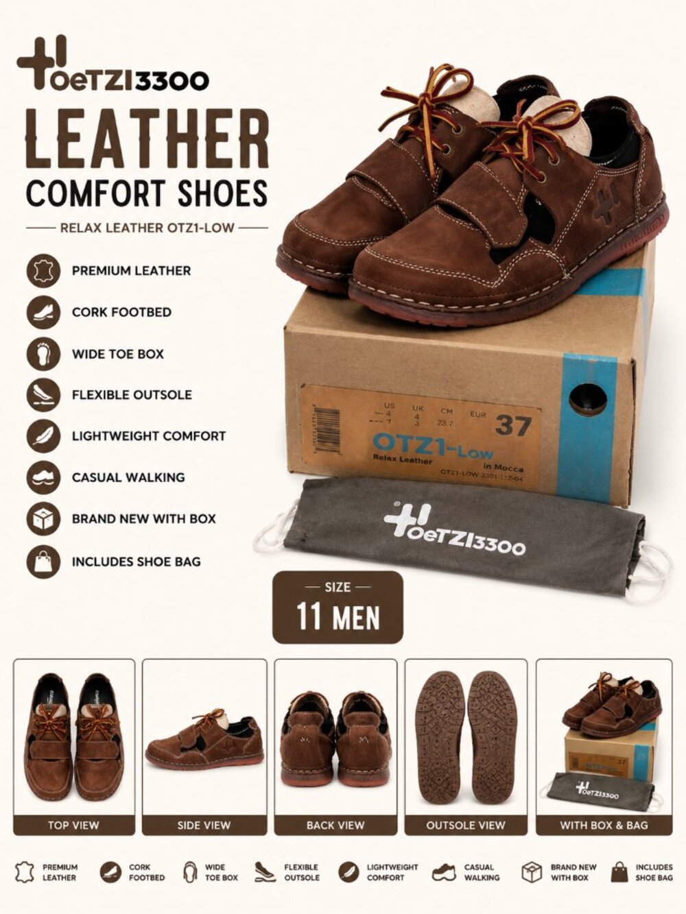 NWB OeTZI3300 Leather Comfort Sneakers Men's Size 11 Casual Walking Shoes
